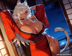 ai_generated animal_ears armpits arms_behind_head balecxi breasts cat_ears cat_tail cleavage dark-skinned_female eyepatch female ghislaine_dedoldia japanese_clothes kimono long_hair looking_at_viewer mushoku_tensei one-eyed patreon_username red_choker red_eyes scar scar_on_face solo sweat tail_ornament