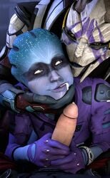 2018 3d alien armor asari clothed clothing cum cum_in_mouth cum_inside dank_wankem erection fellatio female hand_on_chin hi_res human humanoid looking_back male mammal mass_effect oral oral_penetration partially_clothed peebee penetration penis scott_ryder sex straight turian unseen_male_face vetra_nyx video_games visor