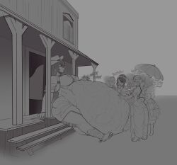 2024 belly_growth body_growth breast_growth clariarikari cleavage clothed clothes_tearing cowboy_boots cowboy_hat english_text exposed_belly faceless_character hyper hyper_belly mass_vore monochrome original_character prey_outline prey_shaped_bulge ripped_clothing rubbing_belly saloon sheriff sheriff_badge sitting slapping_belly stretched_clothing vore vore_belly