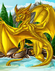 anthro bath bathing blue_sky claws clouds cum dragon drooling erection forest furry gold_dragon gold_scales golden golden_dragon green_eyes horn male male_only mountain penis saliva scales scalie solo spikes tongue tree water western_dragon wings yamigriffin yellow_dragon