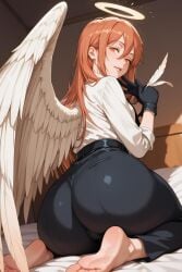 1boys 2025 ai_generated alternate_version_available angel_devil_(chainsaw_man) angel_wings ass ass_focus barefoot bed black_gloves black_pants bubble_ass bubble_butt bulge chainsaw_man ear_piercing femboy gloves halo hi_res high_quality highres huge_ass long_hair on_bed orange_eyes orange_hair otoko_no_ko panties pants penis_bulge pillow red_hair shirt suit thick_thighs tight_pants trap velutinx white_shirt white_wings yaoi
