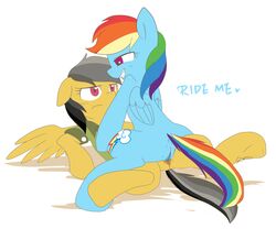 anus bottomless clothing cutie_mark daring_do_(mlp) equine female friendship_is_magic grey_hair grin hair horse multicolored_hair my_little_pony pegasus pony purple_eyes pussy pussy_juice rainbow_dash_(mlp) shirt sion_(artist) straight_hair tribadism wings yuri