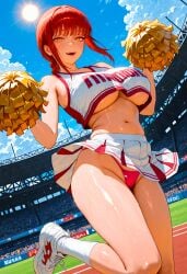 ai_generated anime anime_style big_breasts blue_sky blush braid breasts cheerleader cleavage clouds crowd day female gold_pom_poms huge_breasts jumping long_hair looking_at_viewer makima_(chainsaw_man) navel nbai_art open_mouth outdoors panties pleated_skirt pom_poms red_eyes red_hair red_panties red_skirt shiny_skin shoes skirt skirt_lift smile sneakers socks solo stadium sun sweat thighs twin_braids upskirt wet white_shirt white_skirt white_socks