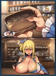 1girls 2boys ai_generated big_breasts blonde_hair blue_ribbon blurry blurry_background blurry_foreground blush breasts cleavage depth_of_field detached_sleeves fairy_tail flashing_breasts gray_fullbuster huge_breasts long_hair lucy_heartfilia natsu_dragneel nipples open_mouth payment pel0v pink_hair pov ribbon shirt_up short_hair tagme