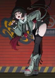 1girls absurdres animal_ears black_gloves black_hair black_shorts blunt_bangs breasts claw_pose earrings female female_only fingerless_gloves fur-trimmed_jacket fur_trim garter_straps gloves green_eyes green_jacket hand_on_own_hip high-waist_shorts highres jacket jane_doe_(zenless_zone_zero) jewelry leaning_forward long_hair long_tail looking_at_viewer midfinger mouse_ears mouse_girl mouse_tail multicolored_hair necktie oerba_yun_fang pantyhose red_hair red_nails sharp_tail shorts single_garter_strap single_leg_pantyhose single_pantyhose single_thighhigh skin_fang smile solo standing tail thighhighs torn_clothes torn_pantyhose torn_thighhighs two-tone_necktie zenless_zone_zero