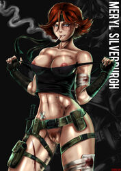 1girls 2013 abs areola_slip areolae bandage blood blue_eyes breasts cigarette cleavage clothes dirty erect_nipples female headband human knife konami looking_at_viewer meryl_silverburgh metal_gear_solid nipples pinup pubic_hair pussy pussy_juice red_hair satchel scar shadman smoke smoking solo tank_top undressing vagina voluptuous wounded