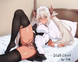 alcmls1230 apron black_panties black_thighhighs blue_eyes blush breasts brown_hair censored character_request commentary_request dark-skinned_female dark_skin dated demon_girl demon_horns eyebrows_hidden_by_hair female full_body hair_between_eyes hand_on_own_leg highres horns korean_commentary large_breasts leg_up long_hair looking_at_viewer maid mosaic_censoring on_bed open_mouth panties pointy_ears pussy_cutout signature smile solo sweat tenkafuma thighhighs twintails underwear very_long_hair waist_apron white_apron