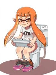 ai ai-generated ai_assisted ai_generated bare_hips bare_legs bathroom black_shorts blush bottomless defecating dirty_panties gamepad half-closed_eyes hips inkling inkling_girl inkling_player_character kaori_(splatoon) knees legs long_hair nintendo orange_eyes orange_hair panties peeing playing playing_videogame pooping print_panties shirt shorts shorts_pull sitting smile smirk splatoon splatoon_(series) squid squid_girl stained_panties tight_shorts toiler_use toilet white_panties white_shirt wii_u