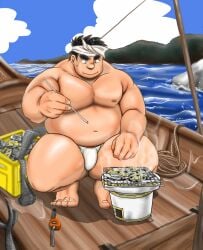 1boy 2015 bandana bara beefy black_eyes black_hair boat bulge bulge_through_clothing chubby cooking crouching fat feet fisherman fishnets full_body fundoshi fundoshi_only gay headband male male_breasts male_only mature_male moobs morning navel nipples obese original original_character outdoors oyster pubic_hair rokushaku_fundoshi rope sea seafood seaside short_hair sky solo squatting thick_eyebrows toes uraharasan white_fundoshi wooden_boat yaoi