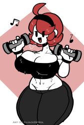 1girls 2021 artist_name big_breasts black_hairband blindstash breasts clothed clothed_female clothing copyright_symbol dot_eyes dumbbell exercising female female_only huge_breasts mami_(blindstash) musical_note nipple_bulge note notes red_hair solo solo_female sweat sweating sweaty sweaty_body tagme thick_thighs thighs white_body white_skin
