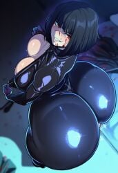 ai_generated big_ass big_breasts blood_on_face bodysuit cigarette evil_smile fat_ass limbus_company project_moon red_eyes ryoshu_(limbus_company) smile smoke undressing