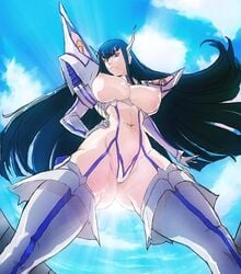 1girls areola armor ass_visible_from_the_front ass_visible_through_thighs bikini_armor breasts busty cleavage color day female female_only front_view garter_straps hair hourglass_figure junketsu kill_la_kill kiryuuin_satsuki komoesuta_coin long_black_hair long_hair navel nipples outdoors sky solo standing studio_trigger suspenders tagme very_long_hair voluptuous