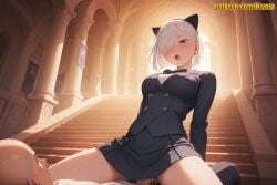 1boy 1girl ai_generated animal_ears arms_behind_back bald black_bow black_bowtie black_eyes black_jacket black_skirt blazer blue_eyes blush bow bowtie breasts buttons cat_ears censored clothed_sex cowgirl_position cum cum_in_pussy earrings extra_ears faceless faceless_male fake_animal_ears fiona_frost girl_on_top hair_over_one_eye hetero indoors jacket jewelry large_breasts long_sleeves medium_breasts miniskirt mosaic_censoring nivora open_mouth penis pleated_skirt school_uniform sex shirt short_hair skirt solo_focus spy_x_family stairs straddling sunlight thighhighs thighs upper_teeth_only vaginal white_hair white_shirt