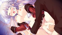 16:9 1boy arima_yousuke bed blush bra breasts censored closed_eyes cum cum_in_pussy female game_cg ko~cha long_hair navel nipples panties panties_around_leg penis pillow purple_hair sex underwear vaginal_penetration white_panties witch's_garden yukimura_suzuno