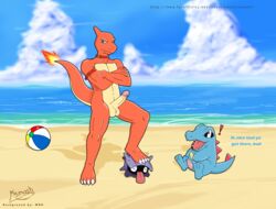 anthro aroused beach charmeleon collar dragon erection fire furry furry_only leather lizard male male_only meteorsmash muscles nintendo paws penis pokemon pose reptile scalie sea seaside shellder showing standing stare teasing testicle totodile uncensored video_games water