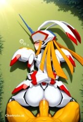 1girl 1other ai_assisted ai_generated anal anal_sex arms_held_behind_back arms_pulled_back asleep blushing doggystyle embarrassed eyes_closed hypno mecha no_humans outdoors passed_out perky_tits prone_bone red_eyes robot robot_girl rough_sex single_horn sleeping solo strelizia thick_cock