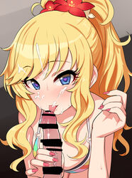 absurdres bikini blonde_hair blue_eyes blush breasts censored cleavage cum cum_on_hair ejaculation eyebrows_visible_through_hair eyelashes facial fellatio female flower gyaru hair_flower hair_ornament heart heart-shaped_pupils highres idolmaster idolmaster_cinderella_girls kogal licking long_hair looking_at_viewer nail_polish omaru_gyuunyuu ootsuki_yui oral penis pink_nails ponytail solo_focus straight striped striped_bikini sweat swimsuit symbol-shaped_pupils tied_hair tongue tongue_out wavy_hair