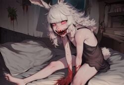 1girls ai_generated albino anthro black_eyes blood blood_drip blood_in_mouth bloody blunt_bangs breasts bunny_ears bunny_girl bunny_tail caerie_(paigen) claws clothed disheveled fangs female flat_chest horror horror_(theme) lingerie long_hair looking_at_viewer messy_hair monster_girl negligee nightgown original original_character paigen pink_sclera rabbit_ears rabbit_girl rabbit_tail sharp_nails sharp_teeth sharp_toenails skinny skinny_female slit_eyes white_hair white_skin