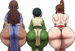 3girls ai_generated ass_chart avatar_the_last_airbender female female_only katara multiple_girls tagme toph_bei_fong ty_lee