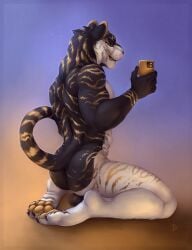2023 anthro ass backsack balls black_body black_fur blue_background cellphone electronics felid fur genitals gold_nose golden_markings golden_nose golden_pawpads golden_stripes gradient_background hi_res holding_cellphone holding_object holding_phone interkos kneeling male mammal markings metallic_markings muscular muscular_anthro muscular_male nude nude_anthro nude_male painting_(artwork) pantherine pawpads phone selfie simple_background sitting_on_heels solo striped_body striped_markings stripes tiger white_body white_fur yellow_background yellow_eyes
