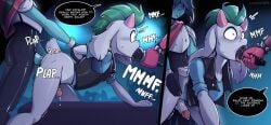 absurd_res alternative alternative_fashion anal anal_sex armor bovid caprine clothed clothing deltarune electronics fashion felixf femboy fur genitals goat group hi_res human kris_(deltarune) male male/male mammal microphone mohawk penetration penis public punk ralsei scalie sex susie_(deltarune) text topwear trio undertale_(series) vest white_body white_fur