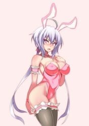 1girls ahoge animal_ears arm_garter bare_shoulders black_legwear blush breasts bulge bunny_girl bunnysuit choker cleavage clothed clothed_female covered_nipples fake_animal_ears female female_only hevn highleg highleg_leotard large_breasts leotard long_hair looking_at_viewer low_twintails nipple_bulge non-nude pink_leotard purple_eyes senki_zesshou_symphogear shiny shiny_hair shiny_skin silver_hair solo standing strapless strapless_leotard thighhighs twintails very_long_hair wristband yukine_chris