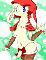 anthro arm_warmers bell blue_eyes candy_cane christmas cloak crossdressing cute fur furry girly half-erect holidays hood lagomorph male male_only penis rabbit ribbons solo stockings stripes xxmysteryxx