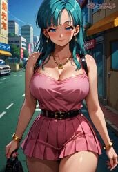 ai_generated bangs black_belt blue_eyes blue_hair blush bracelets breasts bulma_briefs busty busty_female cleavage clothing curvaceous curvaceous_body curvaceous_female curvaceous_figure curvy curvy_female curvy_figure dragon_ball earrings female female_focus female_only flirty gold_jewelry large_breasts long_hair looking_at_viewer necklace pink_shirt pink_skirt pleated_skirt seductive seductive_look smiling thick thick_legs thick_thighs thighs voluptuous voluptuous_female