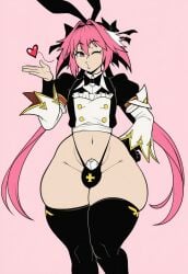 1boy 1femboy 2d ai_generated animal_ears ass astolfo_(fate) big_ass big_butt big_thighs black_bow black_bowtie black_gloves black_panties black_ribbon black_thighhighs blowing_kiss blush bow bowtie bulge buttons cock crop_top fate/grand_order fate_(series) femboy gigigens gloves hair_between_eyes hair_intakes hair_ribbon hairbow hand_on_own_hip heart highleg highleg_panties large_ass large_butt large_thighs long_hair long_sleeves looking_at_viewer male male_focus male_only midriff multicolored_hair navel one_eye_closed otoko_no_ko panties penis pink_background pink_hair puckered_lips purple_eyes rabbit_ears ribbon simple_background solo solo_male streaked_hair thick_ass thick_butt thick_thighs thighhighs thighs thong twintails underwear white_hair wide_hips