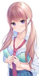 1girls bad_id bad_twitter_id blue_skirt blush bra breasts brown_hair cleavage commentary dress_shirt female frilled_bra frills from_above green_bra highres inactive_account large_breasts long_hair looking_at_viewer loose_necktie necktie open_clothes open_shirt original pasdar pleated_skirt purple_eyes red_hair red_necktie school_uniform shirt simple_background skirt solo twintails underwear visible_ears white_background white_shirt