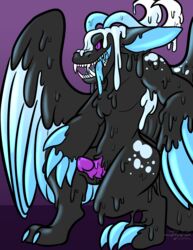 2018 anthro claws corruption demon dragon dripping erection feathers female female_to_male ftm_transformation gender_transformation goo hi_res horn invalid_tag male melting monster naughtygryph nude open_mouth penis simple_background solo standing teeth toe_claws transformation wings