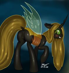 2013 anus ass avtor-xyi black_body blonde_hair changeling equine female hair horn horse my_little_pony original_character pony presenting pussy siansaar solo wings yellow_eyes