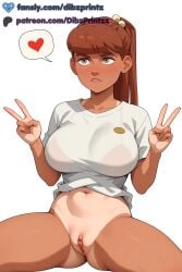 1girls ai ai_assisted ai_generated amanda_(invincible) anime artist_name blush bottomless breasts brown_hair dark-skinned_female dark_skin dibzprintz double_v english_text fansly female green_eyes hair_ornament heart hi_res high_quality high_resolution highres invincible large_breasts long_hair monster_girl_(invincible) navel one-piece_tan ponytail pussy shirt short_sleeves simple_background sitting solo spoken_heart spread_legs t-shirt tan tanlines twitter_logo uncensored v watermark white_background white_shirt
