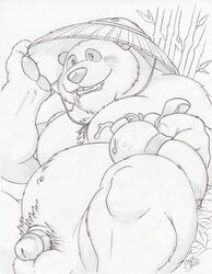 alcohol anthro balls bear beverage blush bottle chode circumcised drunk dudebulge erection gourd_bottle hat hi_res holding_bottle holding_object humanoid_penis looking_at_viewer male male_only mammal monochrome mostly_nude musclegut navel nipples open_mouth outside overweight overweight_male panda pandaren pencil_(artwork) penis reclining short_penis signature simple_background small_penis solo traditional_media_(artwork) video_games warcraft