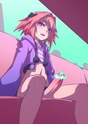 1boy astolfo_(fate) cute cute_male erection fate/grand_order femboy heart heart_censor inviting_to_sex light-skinned_male male male_only partially_nude penis pink_eyes pink_hair solo
