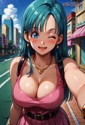ai_generated bangs black_belt blue_eyes blue_hair blush bracelets breasts bulma_briefs busty busty_female cleavage clothing curvaceous curvaceous_body curvaceous_female curvaceous_figure curvy curvy_female curvy_figure dragon_ball earrings female female_focus female_only flirty gold_jewelry large_breasts long_hair looking_at_viewer necklace peace_sign pink_shirt pink_skirt pleated_skirt seductive selfie smiling thick thick_legs thick_thighs thighs voluptuous voluptuous_female winking_at_viewer