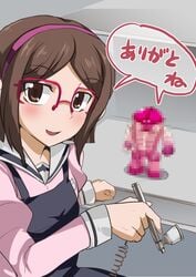 airbrush apron blush brown_eyes brown_hair dress female glasses gundam gundam_build_fighters hair_ornament hairband kousaka_china looking_at_viewer pointy_chin school_uniform short_hair silly_(marinkomoe) smile solo text translation_request