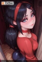 ai_generated ass black_hair blue_eyes blush breasts choker collarbone dollmaker dollmaker_(artist) female hair_ornament hairband hairclip long_hair looking_at_viewer medium_breasts patreon_logo patreon_username red_choker red_hairband smile solo tagme watermark web_address wooden_floor