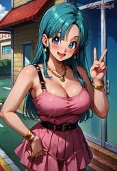 ai_generated bangs black_belt blue_eyes blue_hair blush bracelets breasts bulma_briefs busty busty_female cleavage clothing curvaceous curvaceous_body curvaceous_female curvaceous_figure curvy curvy_female curvy_figure dragon_ball earrings female female_focus female_only flirty gold_jewelry large_breasts long_hair looking_at_viewer necklace peace_sign pink_shirt pink_skirt pleated_skirt seductive smiling thick thick_legs thick_thighs thighs voluptuous voluptuous_female