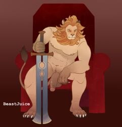 abs afk_arena afk_journey anthro beastjuice brutus_(afk_arena) chair felid feline furniture hair hi_res holding_object holding_weapon lilith_games lion male mammal mane mane_hair melee_weapon muscular muscular_anthro muscular_male nipples pantherine paws sitting solo sword tail throne weapon