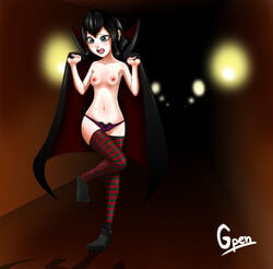 1girls black_hair black_lipstick cape embarrassed embarrassed_nude_female enf exposed_breasts fangs genesispen green_eyes hotel_transylvania mavis_dracula nipples no_bra open_mouth panties partially_clothed scared small_breasts striped_socks thigh_highs tongue topless vampire