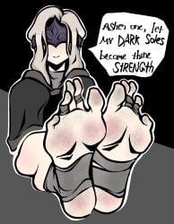 ashen_one bandages blindfold dark_souls dark_souls_3 dirty_feet feet female_focus fire_keeper foot_fetish foot_focus foot_worship footwear fromsoftware greek_toe long_toes looking_at_viewer mask peacematoru simple_background simple_coloring simple_shading sitting smile soles speech_bubble thighs