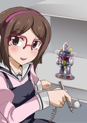 airbrush apron blush brown_eyes brown_hair dress female glasses gundam gundam_build_fighters hair_ornament hairband kousaka_china looking_at_viewer pointy_chin school_uniform short_hair silly_(marinkomoe) smile solo