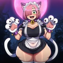 ai_generated apron bell_collar big_ass big_breasts black_dress blush brawl_stars breasts cat_ears cat_tail cleavage colette_(brawl_stars) curvy dark_sky detailed_background fangs female forest frills full_body full_moon glossy_skin green_eyes headband highdeadout highres huge_ass looking_at_viewer maid maid_outfit nekomimi night open_mouth outdoors paw_gloves paw_hands pawprint pink_hair sharp_teeth short_hair smile solo sweat thick_thighs white_gloves wide_hips
