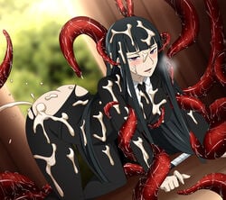 after_sex all_fours black_hair blush cum cum_on_body darker_than_black female hazuki_mina_(darker_than_black) long_hair necktie purple_eyes smile spec_(artist) suit tentacle torn_pants