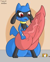 1boy 9-puzzle animal_genitalia balls big_balls big_penis black_fur blue_fur blush canine_penis growth huge_balls huge_cock hyper hyper_balls hyper_penis knot male male_only nintendo penis pills pokémon_(species) pokemon pokemon_(species) red_eyes riolu solo vein