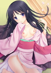 black_hair blue_eyes blush breasts clothes female hair hayate_no_gotoku japanese_clothes kimono n.g. nipples no_panties open_clothes saginomiya_isumi small_breasts solo tagme