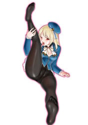 1girls atago_(kantai_collection) black_legwear blonde_hair breasts crotch_seam derivative_work feet female hat kantai_collection leg_lift legs licking long_hair looking_at_viewer military military_uniform no_panties pantyhose red_eyes simple_background solo tongue uniform uraharukon