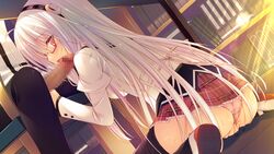 amatarasu_riddle_star censored fellatio game_cg glasses long_hair masturbation oral panties pantyhose silver_hair syroh tagme under_the_table