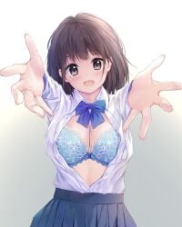 :d bad_id bad_twitter_id black_eyes black_hair blue_bow blue_skirt blush bow bra breasts cleavage collared_shirt commentary dress_shirt female floral_print highres inactive_account lace-trimmed_bra lace_trim looking_at_viewer medium_breasts open_mouth original pasdar pleated_skirt print_bra reaching reaching_towards_viewer school_uniform shirt short_hair skirt smile solo underwear